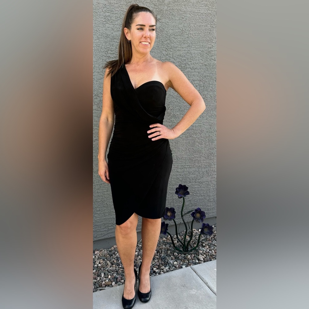 Marciano Sleeveless Ruched Grecian Draped Bodycon Little Black Dress LBD